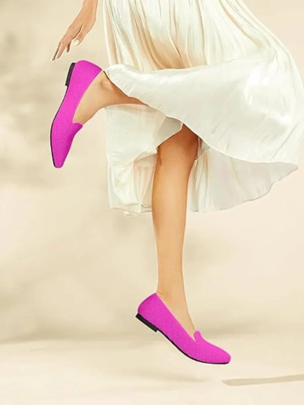 Women's Pink Pointed Toe Knit Ballet Flats Washable Important Work Shoes